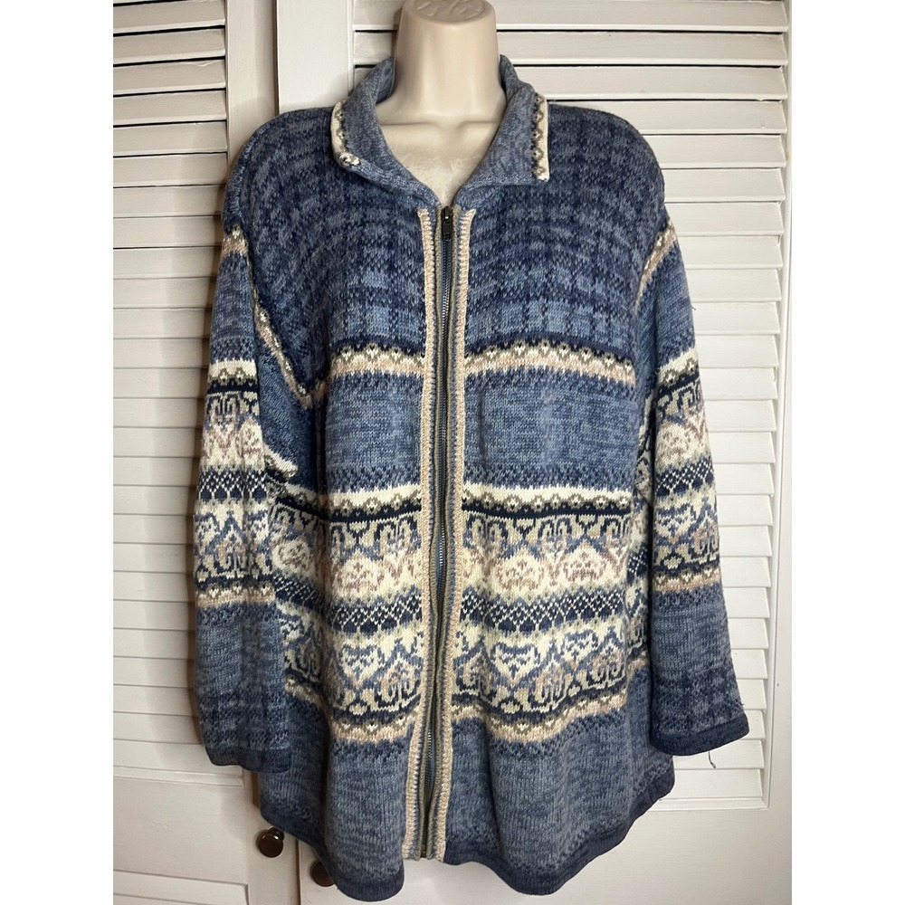 Vintage 90s Carolina Colours Plus Blue Geometric Fair Isle Zip Up Cardigan  18W